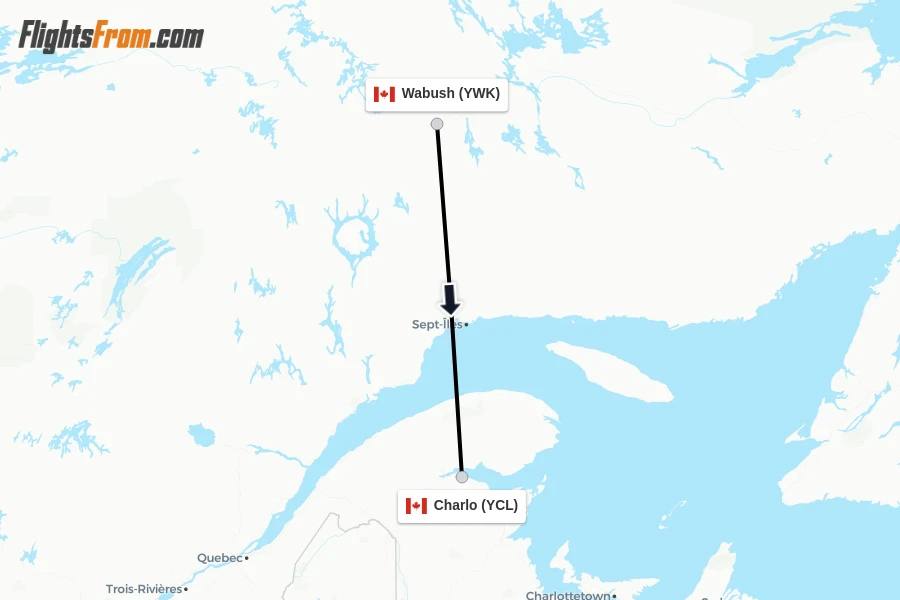 Flights from Wabush to Charlo route map