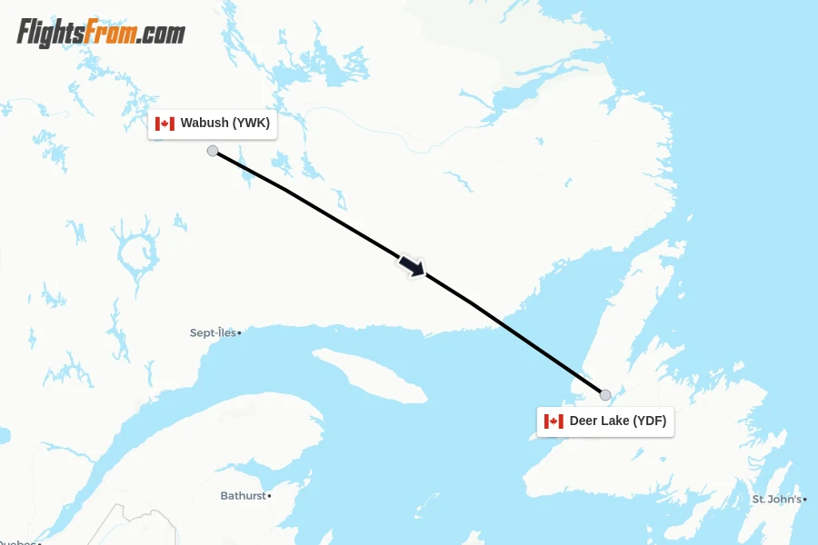 Flights from Wabush to Deer Lake route map