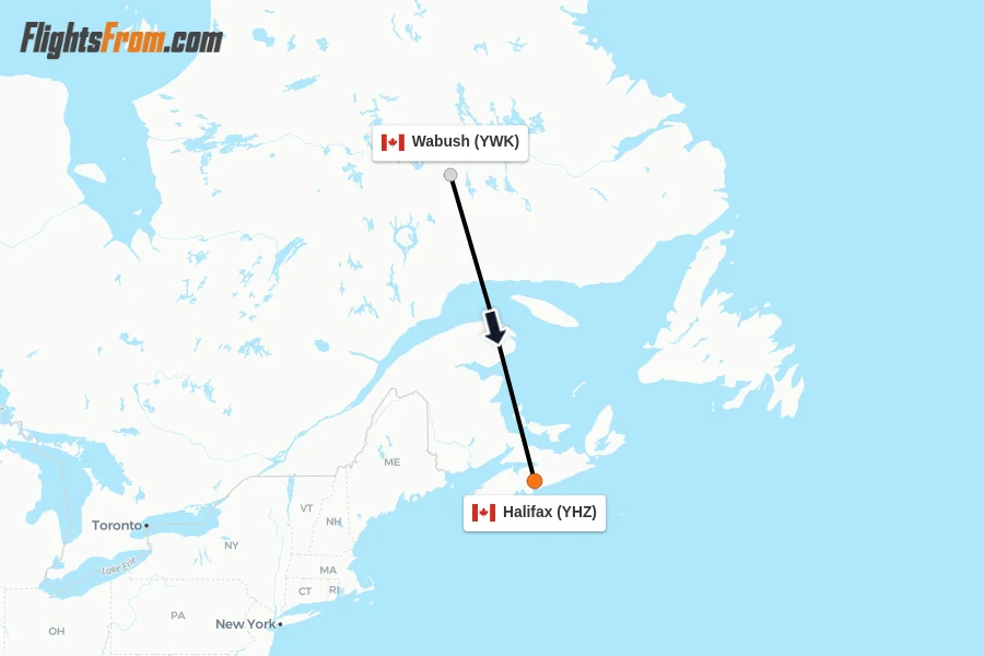 Flights from Wabush to Halifax route map
