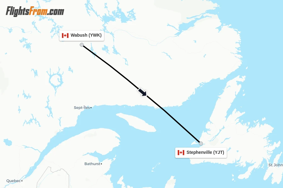 Flights from Wabush to Stephenville route map