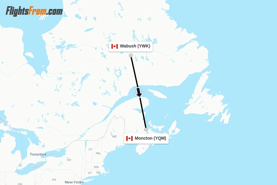 Flights from Wabush to Moncton route map
