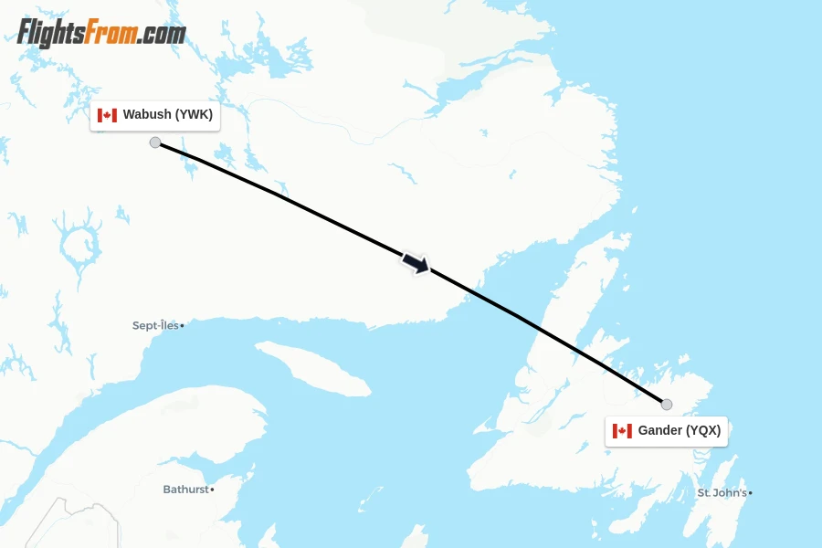Flights from Wabush to Gander route map