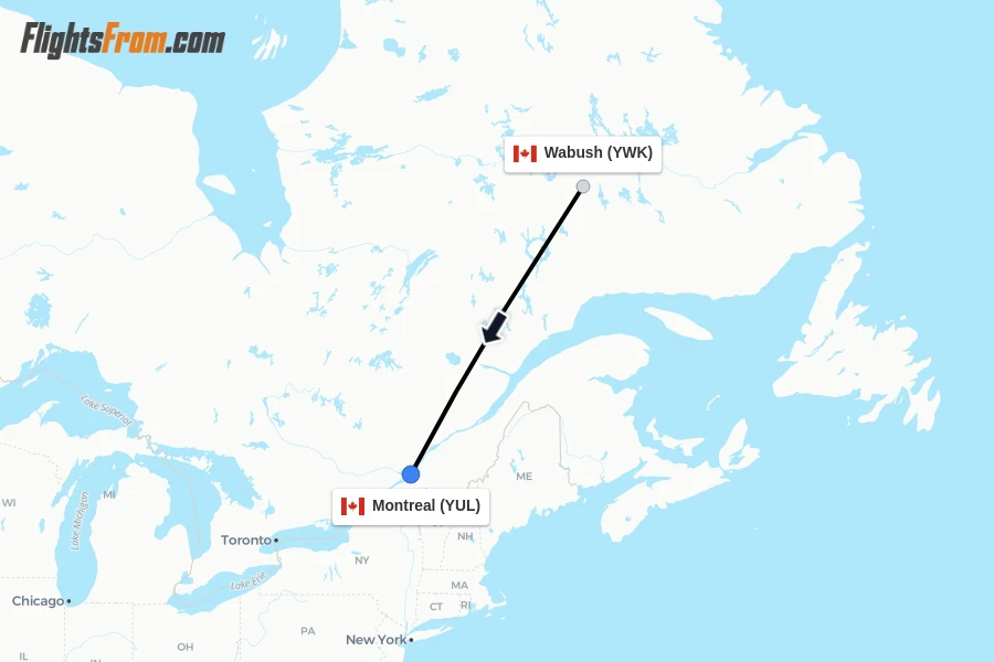 Flights from Wabush to Montreal route map