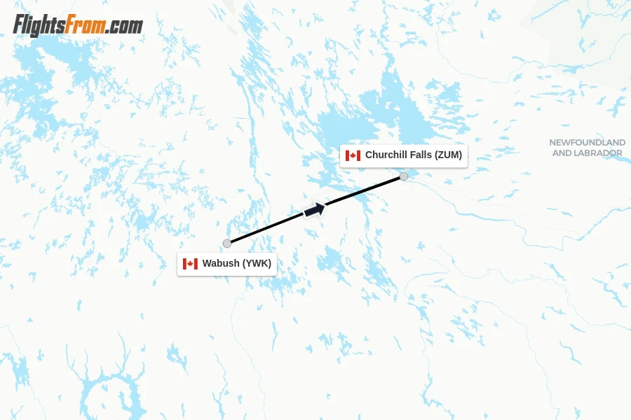 Flights from Wabush to Churchill Falls route map