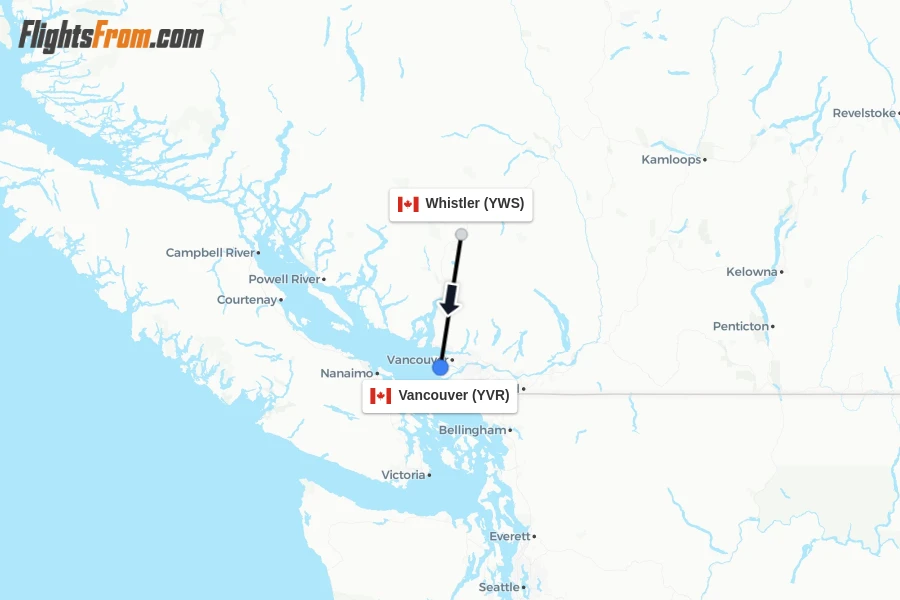 Flights from Whistler to Vancouver route map