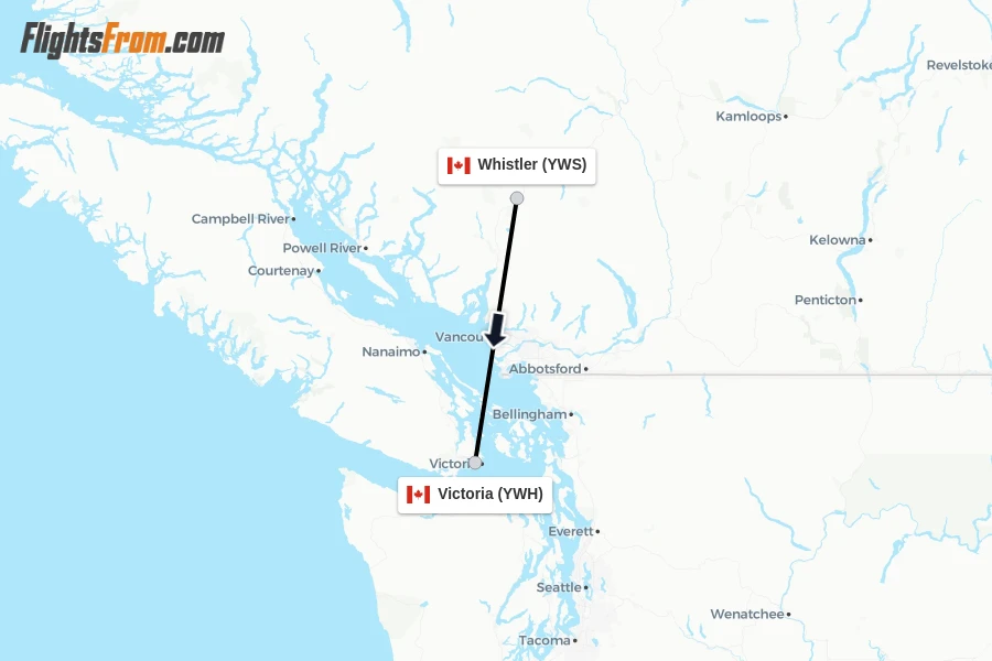 Flights from Whistler to Victoria route map