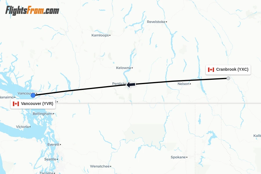 Flights from Cranbrook to Vancouver route map