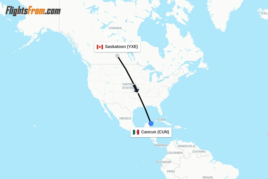 Flights from Saskatoon to Cancun route map