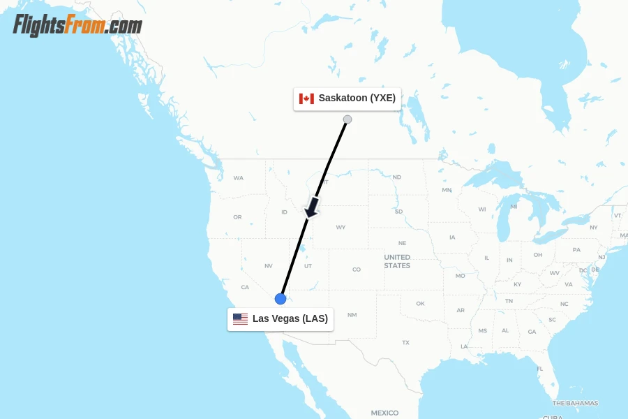 Flights from Saskatoon to Las Vegas route map