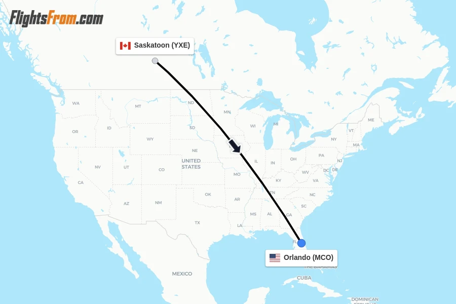 Flights from Saskatoon to Orlando route map