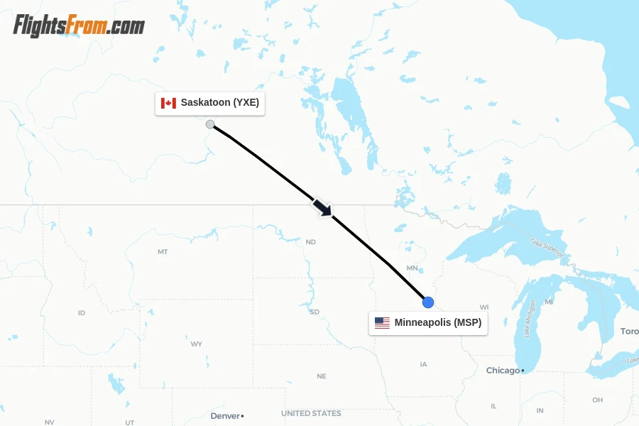 Flights from Saskatoon to Minneapolis route map