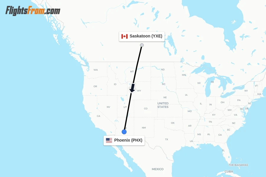 Flights from Saskatoon to Phoenix route map