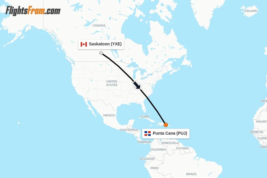 Flights from Saskatoon to Punta Cana route map