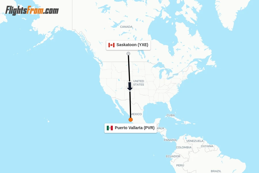Flights from Saskatoon to Puerto Vallarta route map