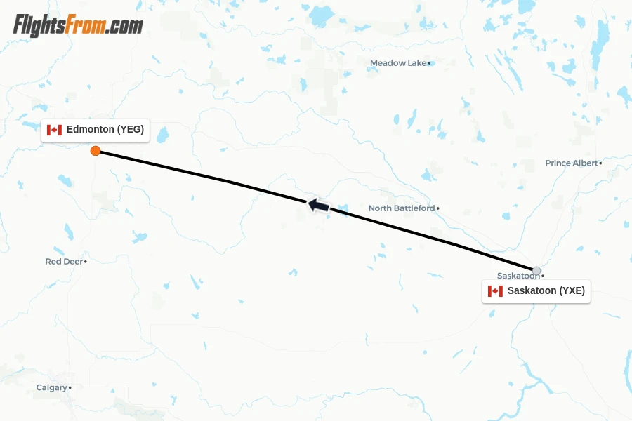 Flights from Saskatoon to Edmonton route map