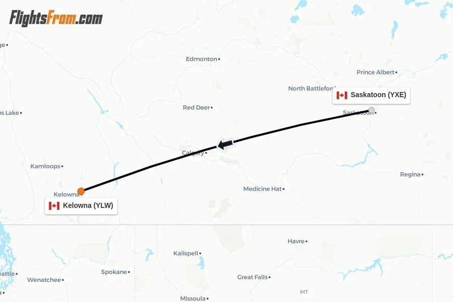 Flights from Saskatoon to Kelowna route map