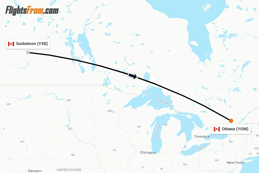 Flights from Saskatoon to Ottawa route map