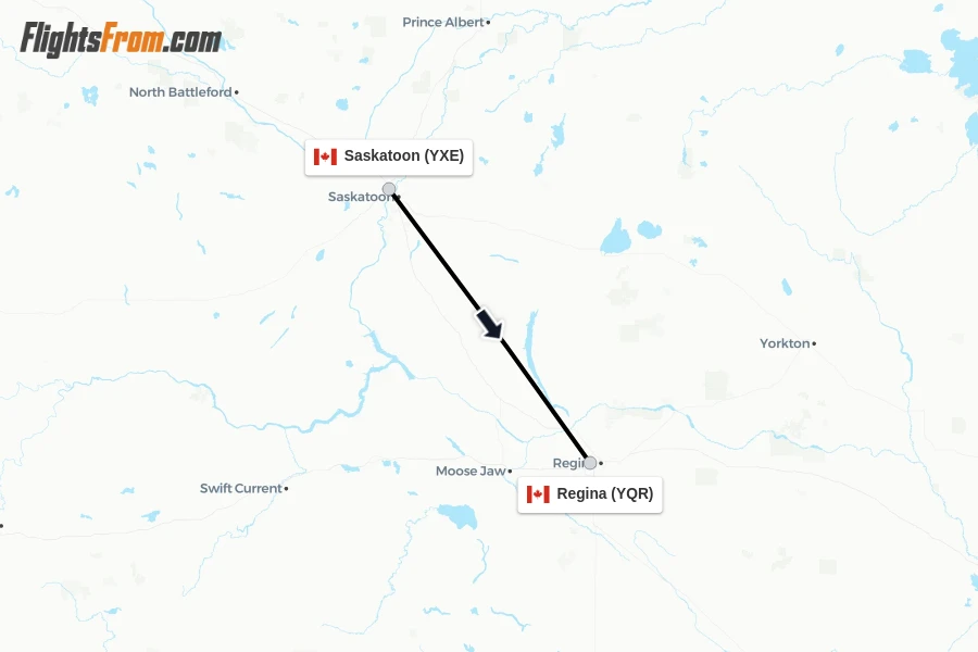 Flights from Saskatoon to Regina route map