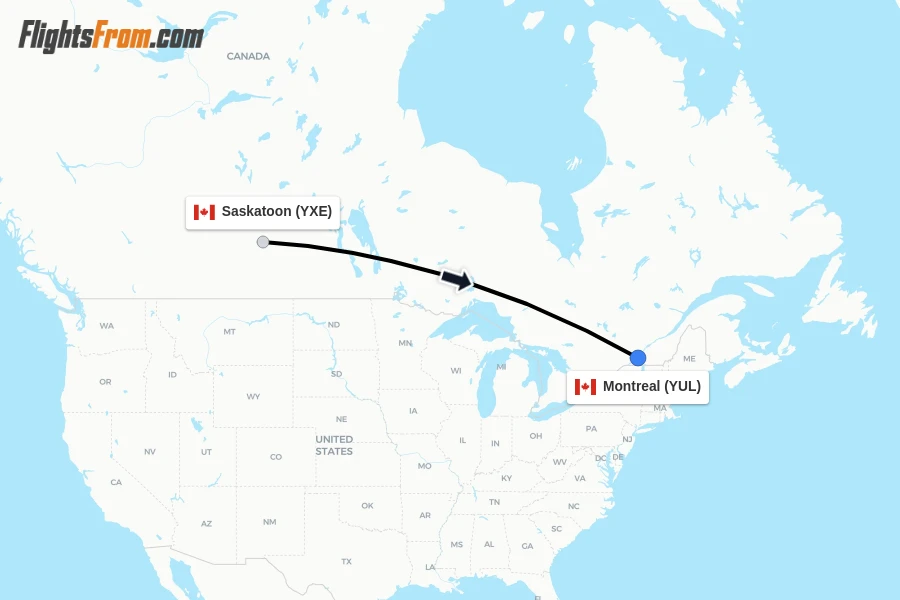 Flights from Saskatoon to Montreal route map