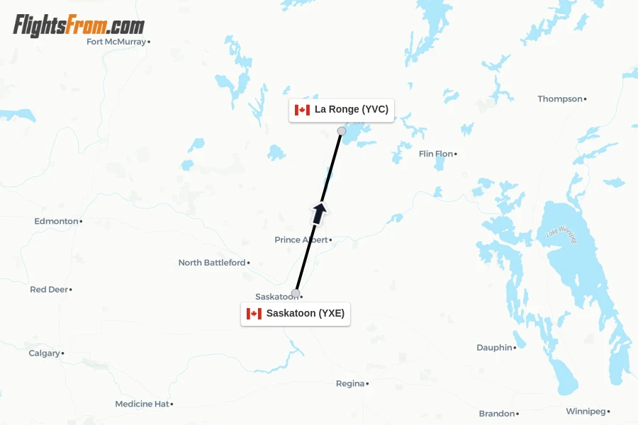Flights from Saskatoon to La Ronge route map