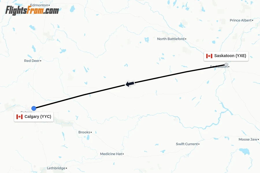 Flights from Saskatoon to Calgary route map