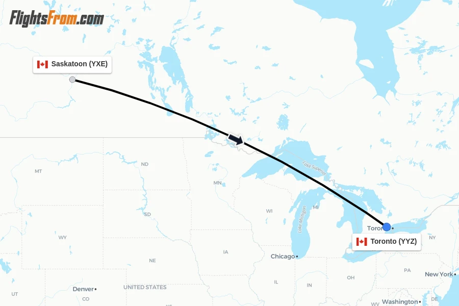 Flights from Saskatoon to Toronto route map