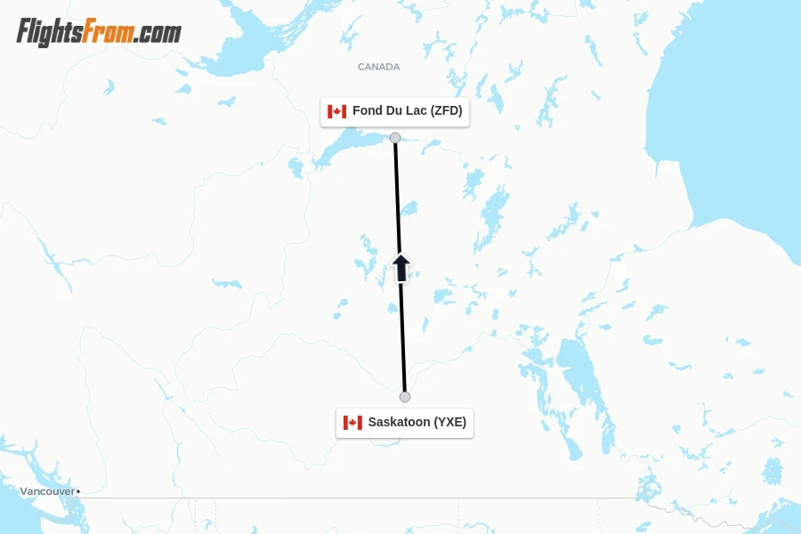 Flights from Saskatoon to Fond Du Lac route map
