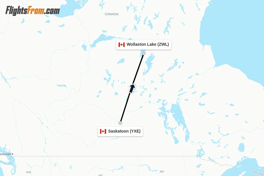 Flights from Saskatoon to Wollaston Lake route map