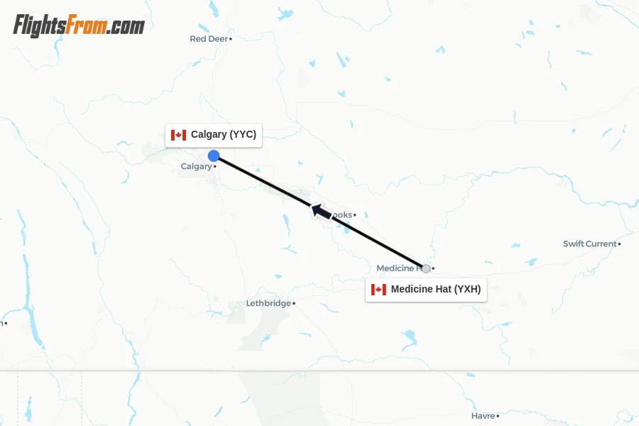 Flights from Medicine Hat to Calgary route map