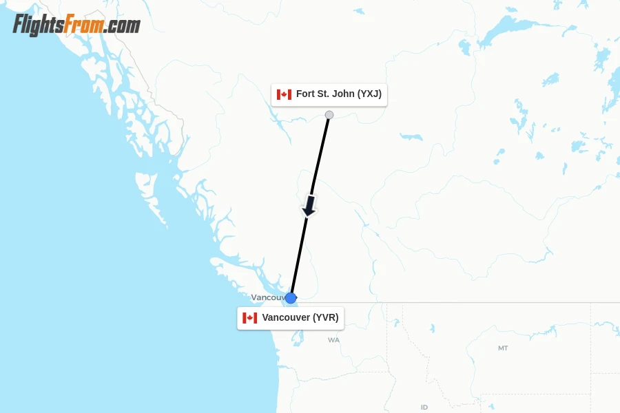 Flights from Fort St. John to Vancouver route map