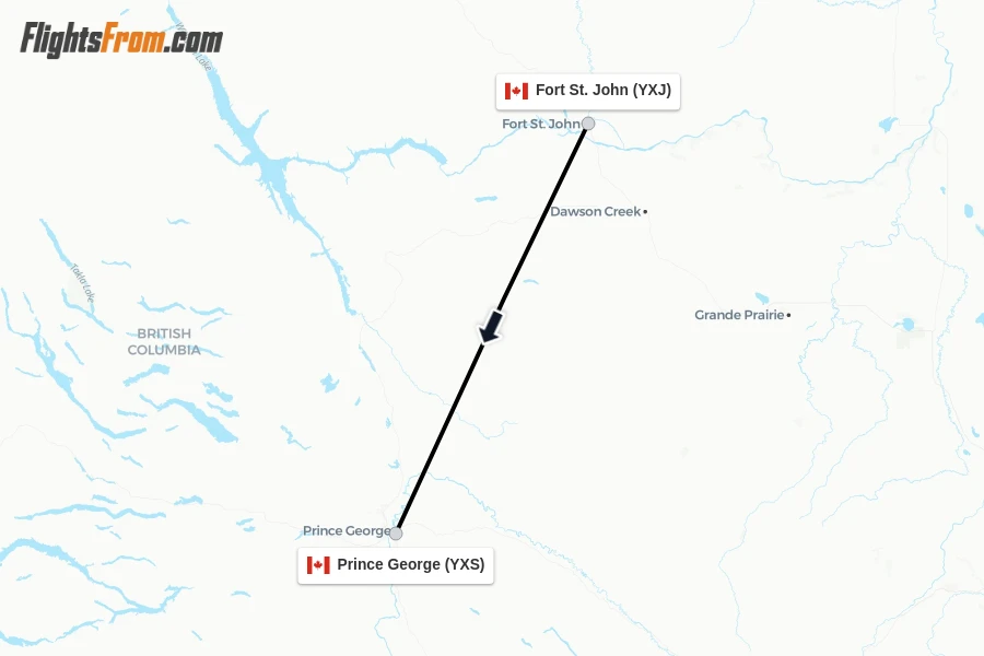Flights from Fort St. John to Prince George route map