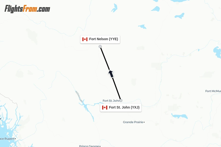 Flights from Fort St. John to Fort Nelson route map