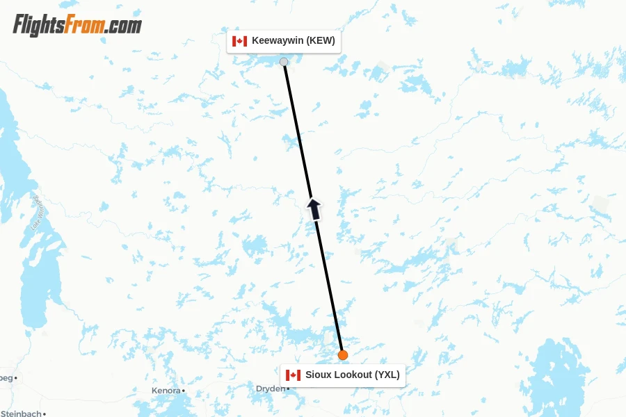 Flights from Sioux Lookout to Keewaywin route map