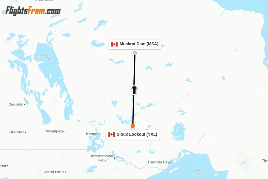 Flights from Sioux Lookout to Muskrat Dam route map