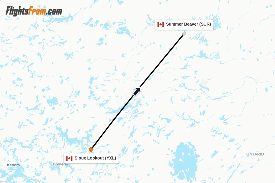 Flights from Sioux Lookout to Summer Beaver route map