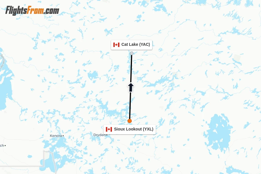 Flights from Sioux Lookout to Cat Lake route map