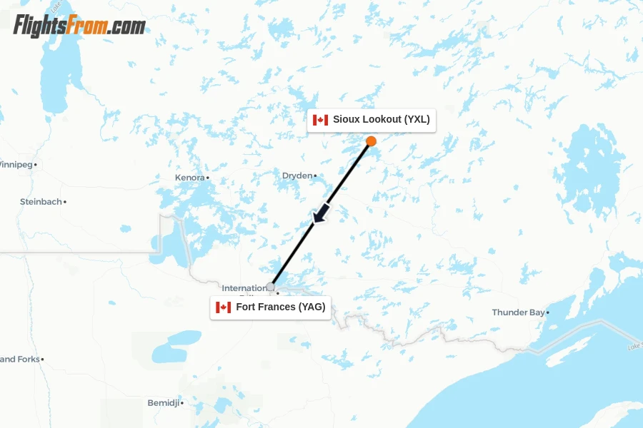 Flights from Sioux Lookout to Fort Frances route map