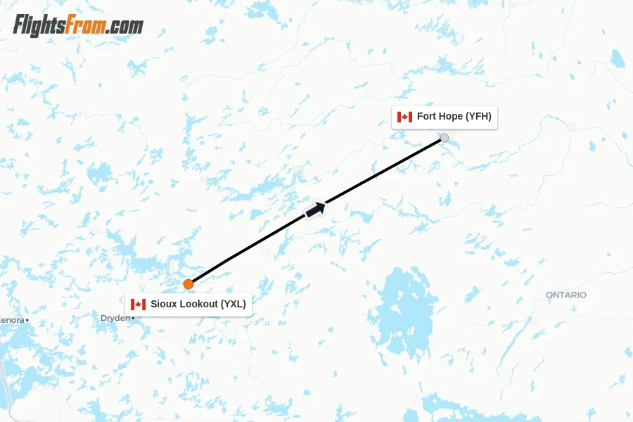 Flights from Sioux Lookout to Fort Hope route map