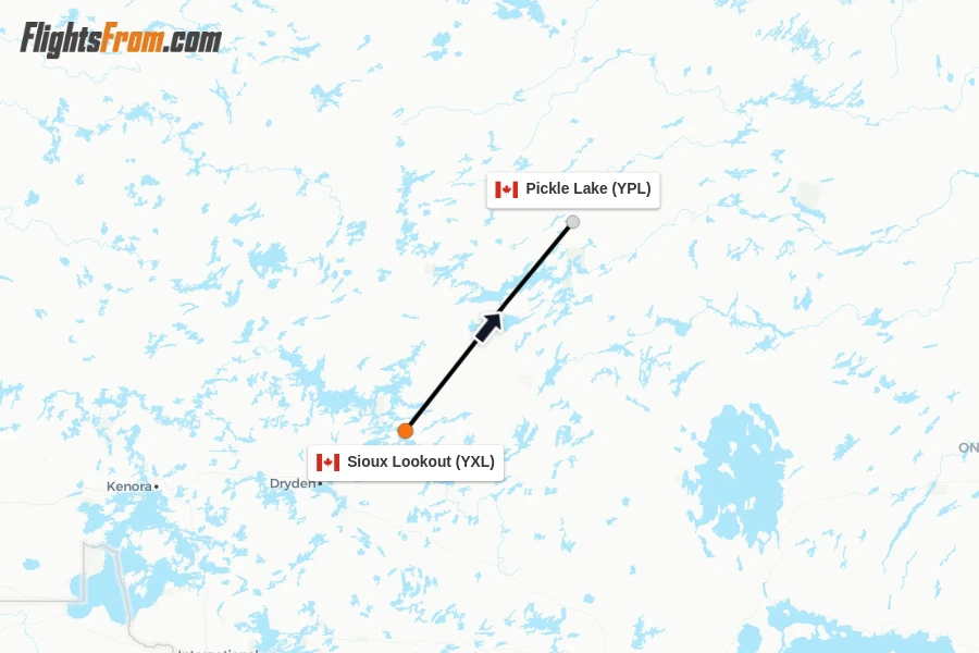 Flights from Sioux Lookout to Pickle Lake route map