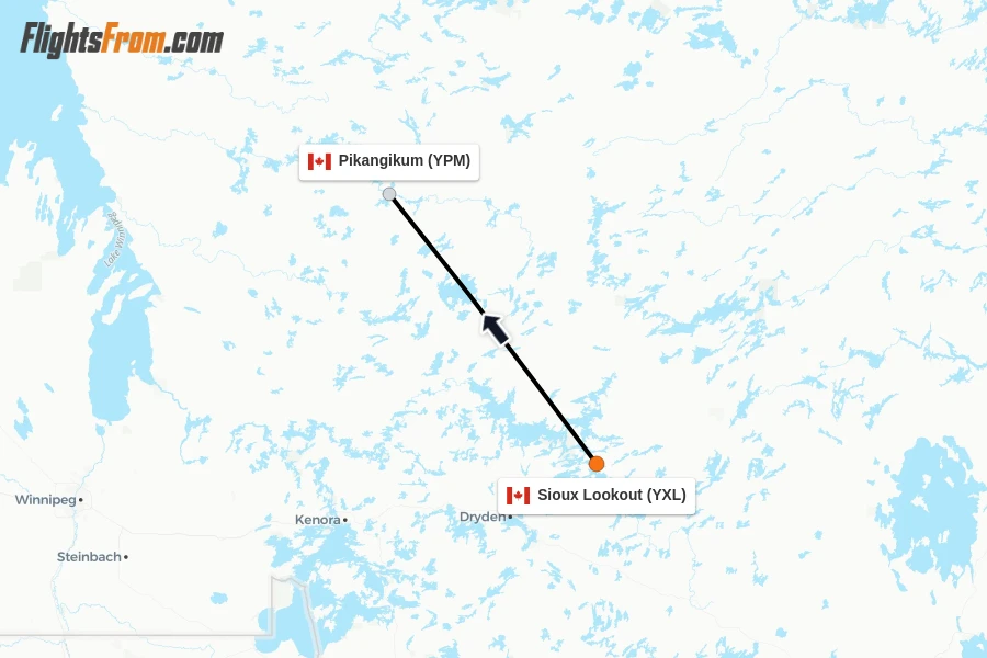 Flights from Sioux Lookout to Pikangikum route map