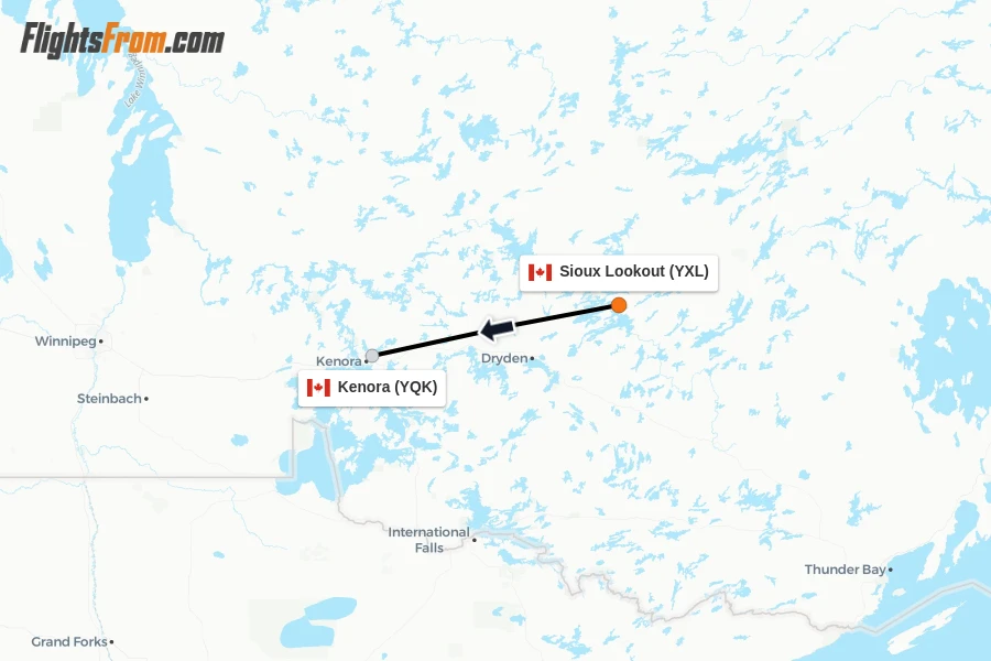 Flights from Sioux Lookout to Kenora route map