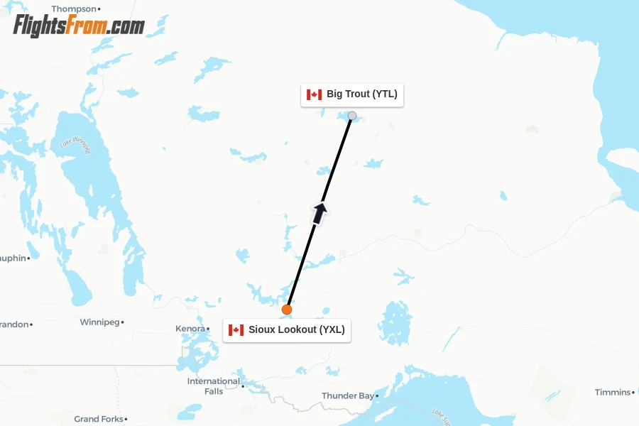 Flights from Sioux Lookout to Big Trout route map