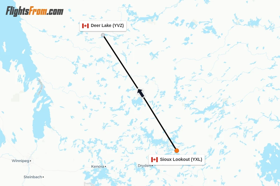 Flights from Sioux Lookout to Deer Lake route map