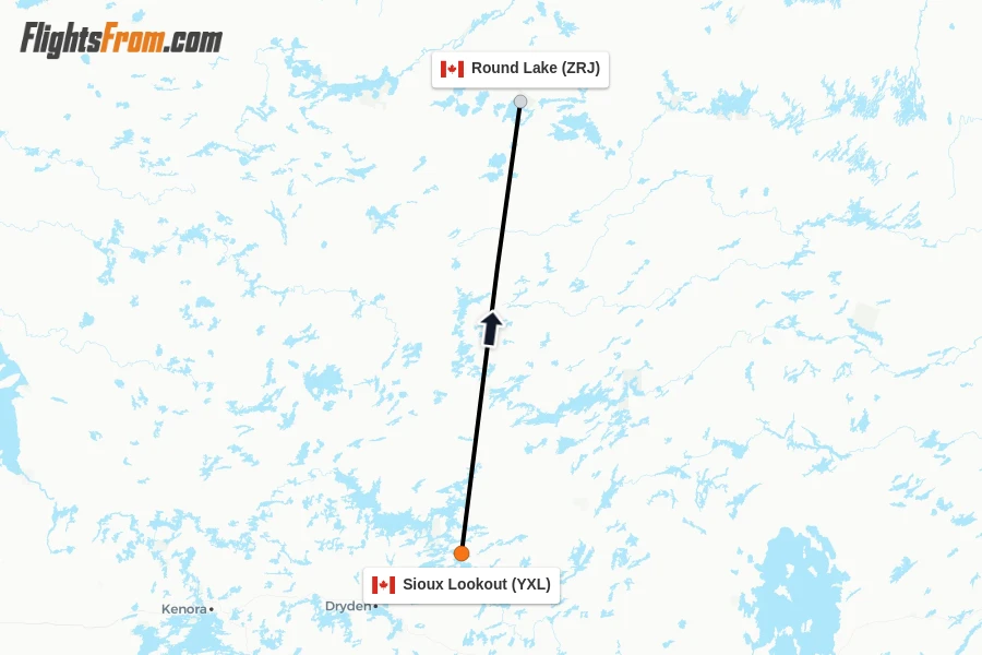 Flights from Sioux Lookout to Round Lake route map