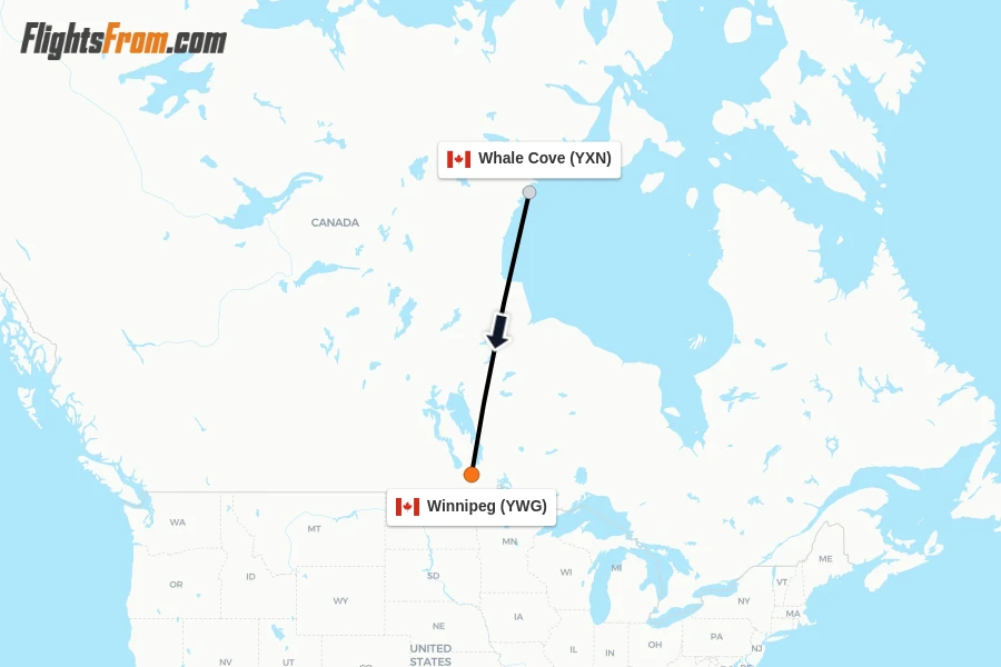 Flights from Whale Cove to Winnipeg route map