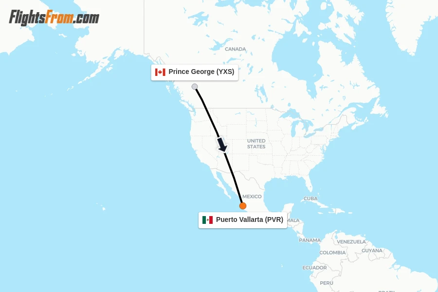 Flights from Prince George to Puerto Vallarta route map