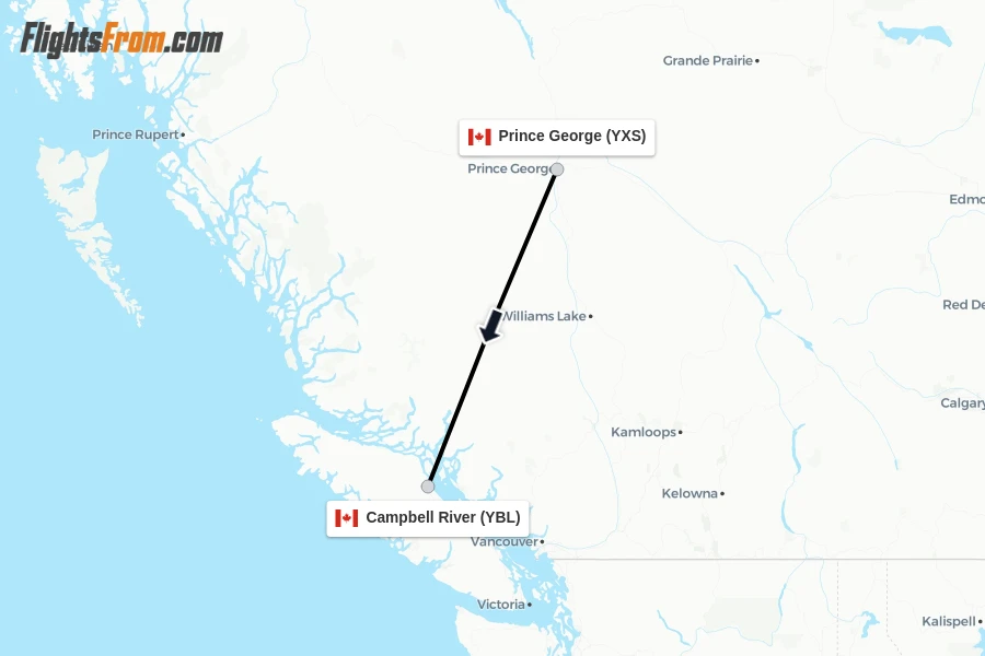 Flights from Prince George to Campbell River route map