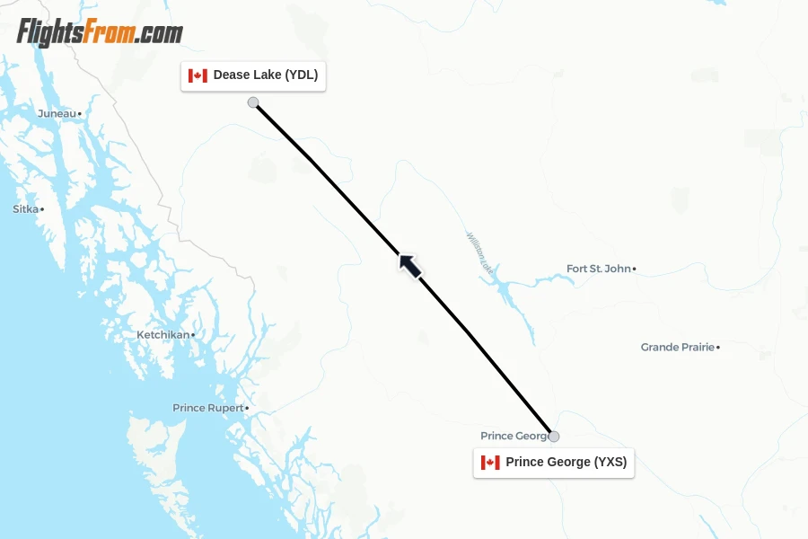 Flights from Prince George to Dease Lake route map
