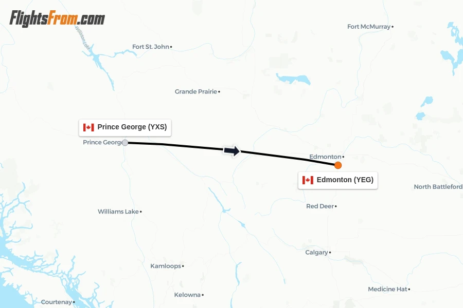 Flights from Prince George to Edmonton route map