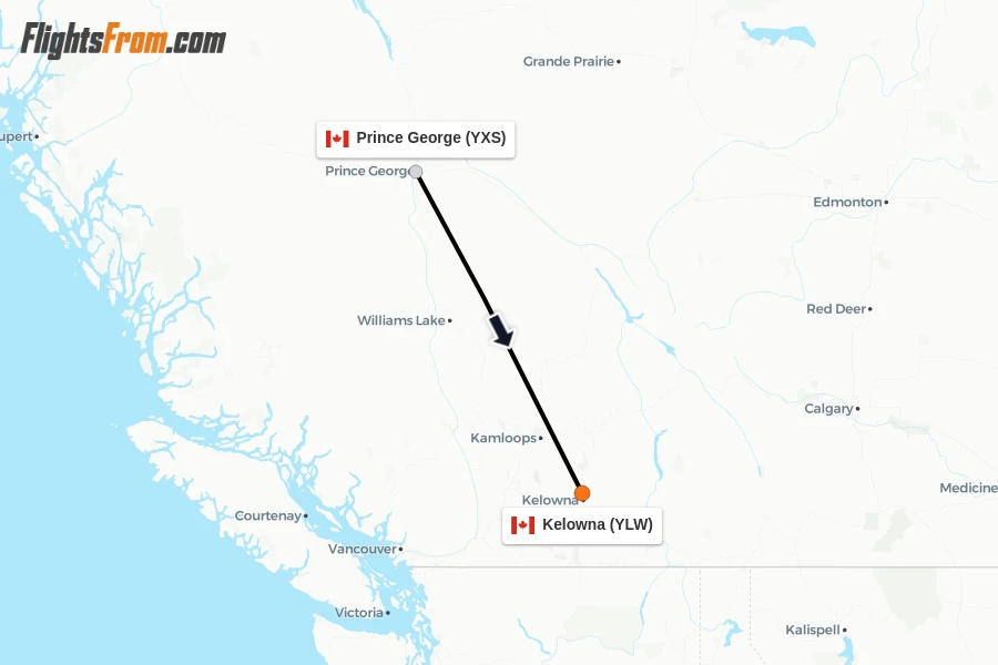 Flights from Prince George to Kelowna route map